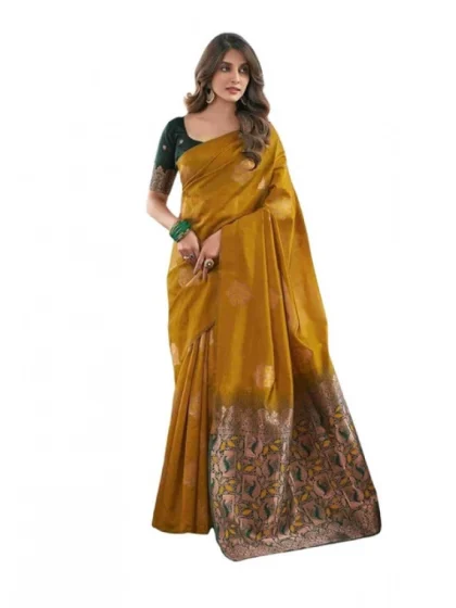 Women's Soft Lichi Silk Printed Saree With Unstitched Blouse 5.5Mtr (Mustard?)