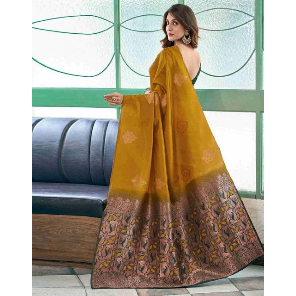 Women's Soft Lichi Silk Printed Saree With Unstitched Blouse 5.5Mtr (Mustard?) - Image 2