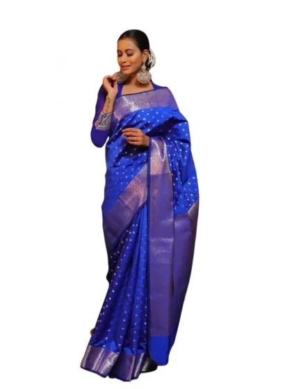 Women's Soft Lichi Silk Printed Saree With Unstitched Blouse 5.5Mtr (Blue)