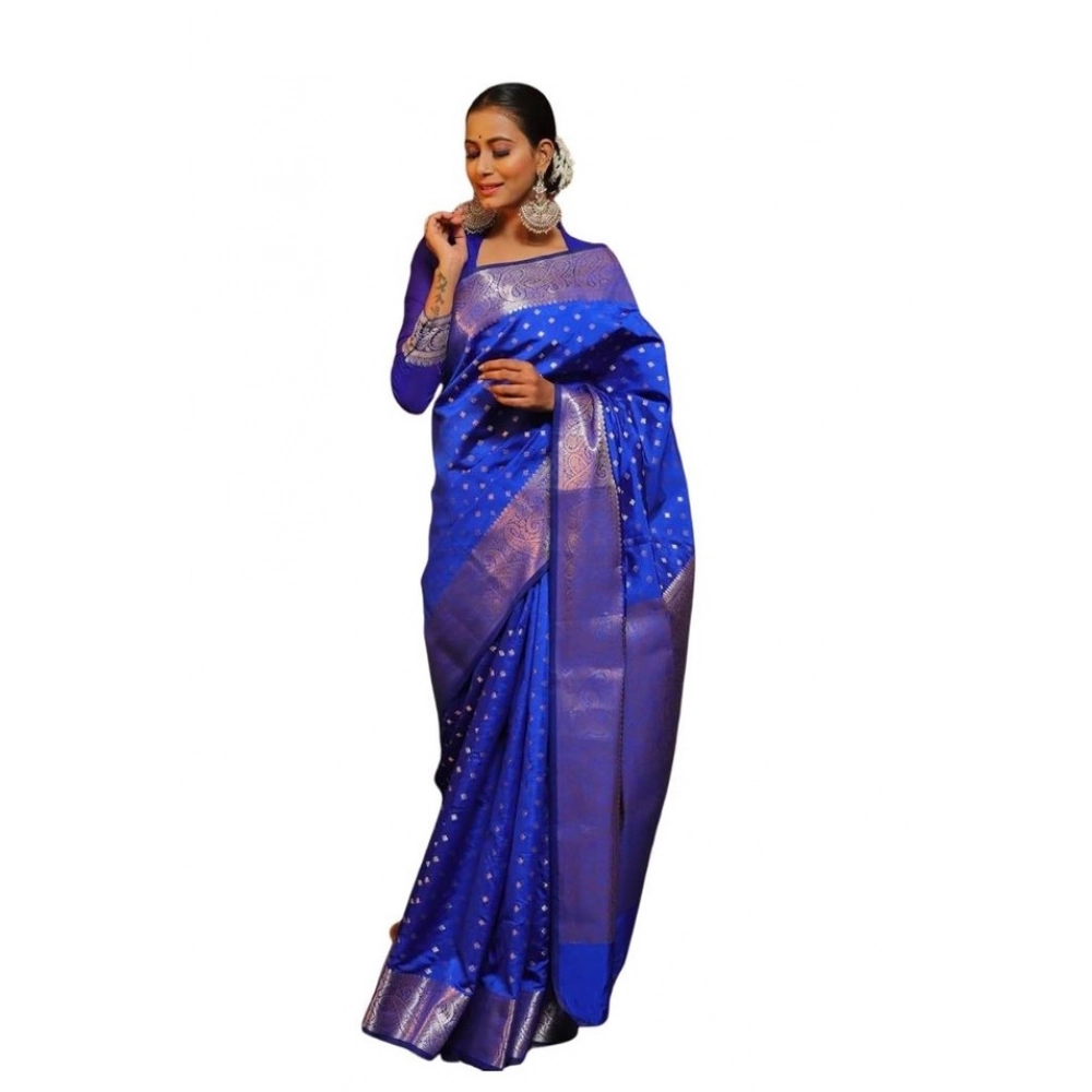 Women's Soft Lichi Silk Printed Saree With Unstitched Blouse 5.5Mtr (Blue)