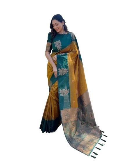 Women's Soft Lichi Silk Printed Saree With Unstitched Blouse 5.5Mtr (Mustard?)