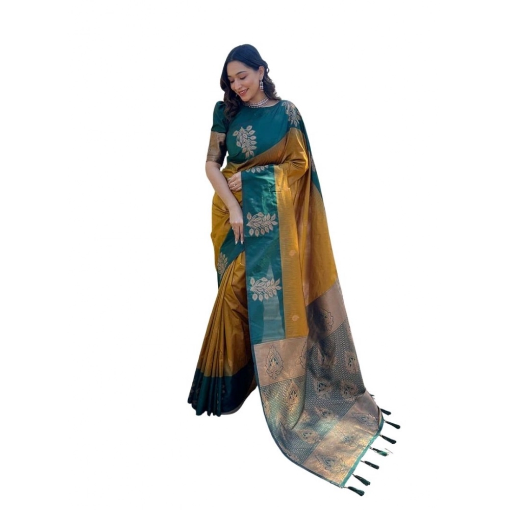 Women's Soft Lichi Silk Printed Saree With Unstitched Blouse 5.5Mtr (Mustard?)