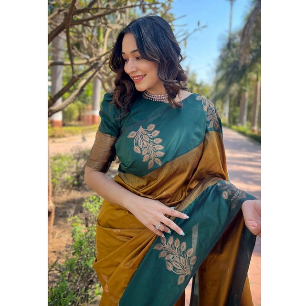 Women's Soft Lichi Silk Printed Saree With Unstitched Blouse 5.5Mtr (Mustard?) - Image 2
