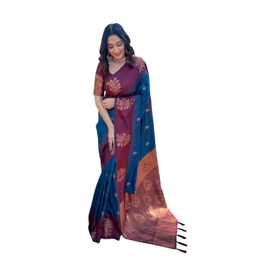 Women's Soft Lichi Silk Printed Saree With Unstitched Blouse 5.5Mtr (Blue)