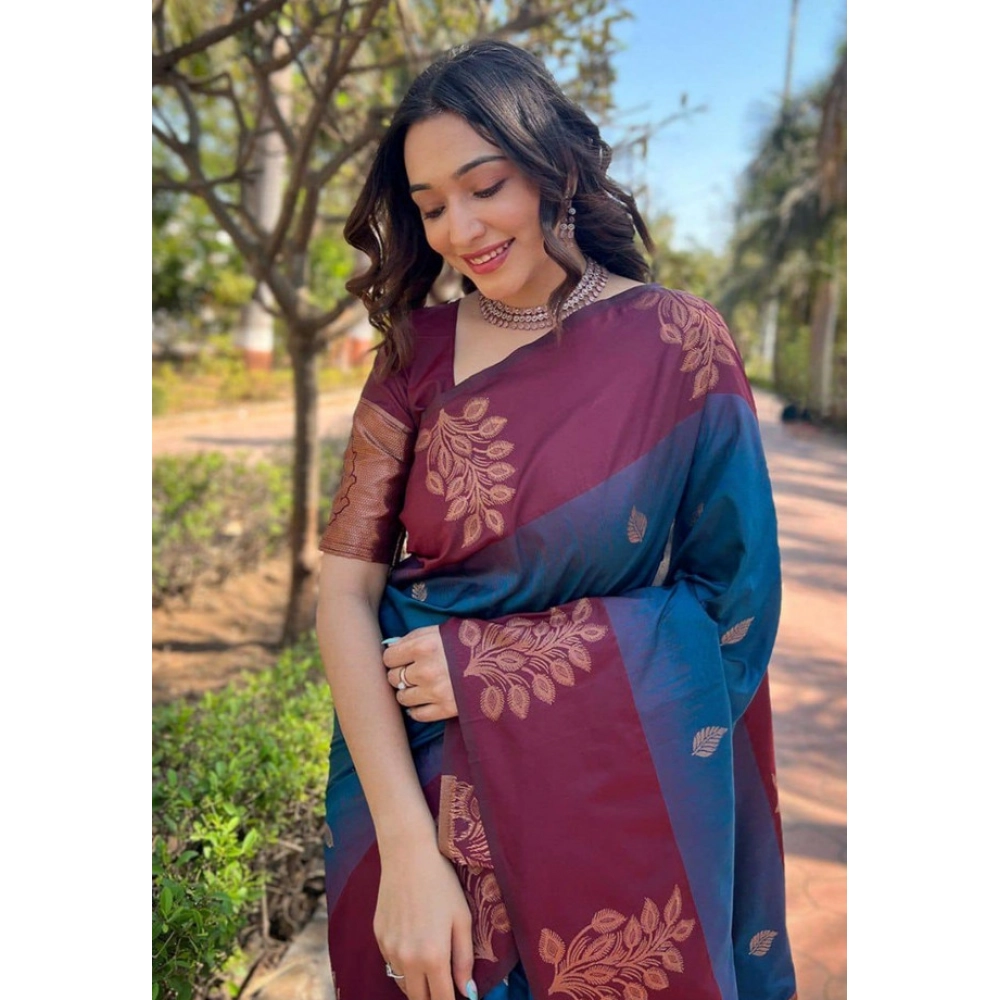 Women's Soft Lichi Silk Printed Saree With Unstitched Blouse 5.5Mtr (Blue) - Image 2