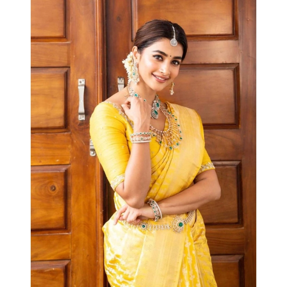 Women's Soft Lichi Silk Printed Saree With Unstitched Blouse 5.5Mtr (Yellow) - Image 2