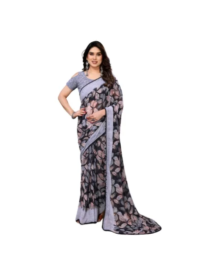 Women's Chiffon Printed Saree With Unstitched Blouse 5.5Mtr?(Grey)