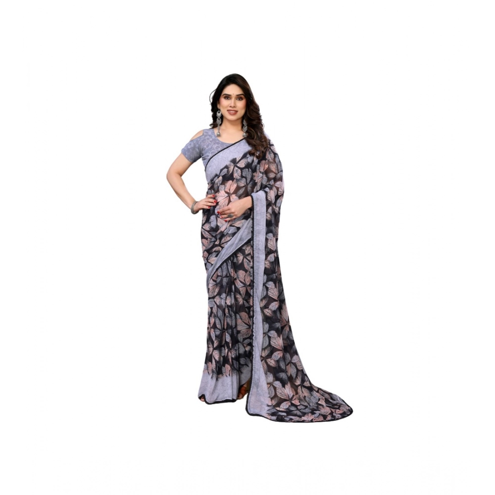 Women's Chiffon Printed Saree With Unstitched Blouse 5.5Mtr?(Grey)