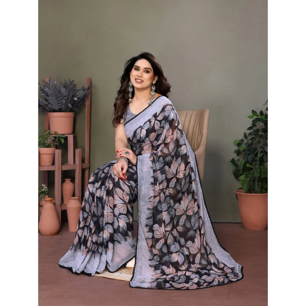 Women's Chiffon Printed Saree With Unstitched Blouse 5.5Mtr?(Grey) - Image 3