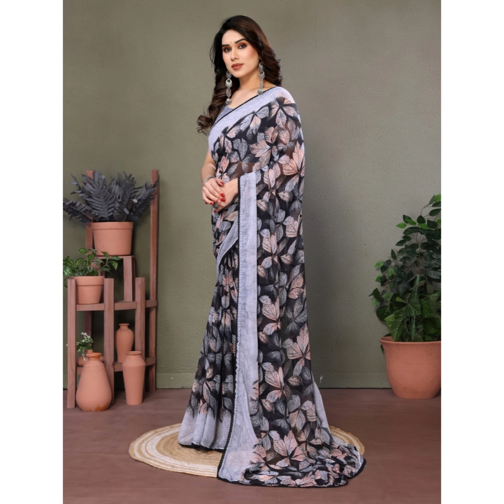 Women's Chiffon Printed Saree With Unstitched Blouse 5.5Mtr?(Grey) - Image 4