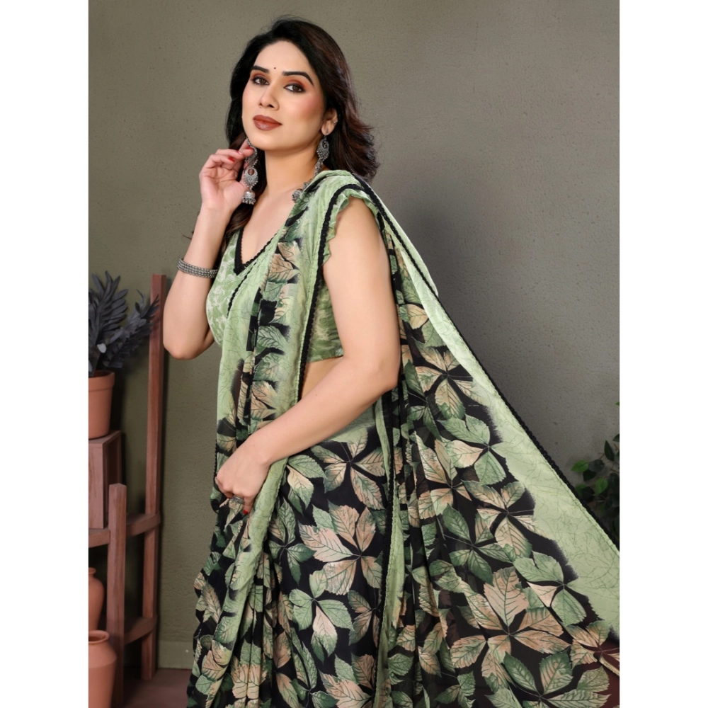 Women's Chiffon Printed Saree With Unstitched Blouse 5.5Mtr?(Green) - Image 3