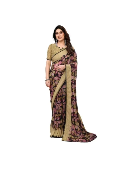 Women's Chiffon Printed Saree With Unstitched Blouse 5.5Mtr?(Beige)