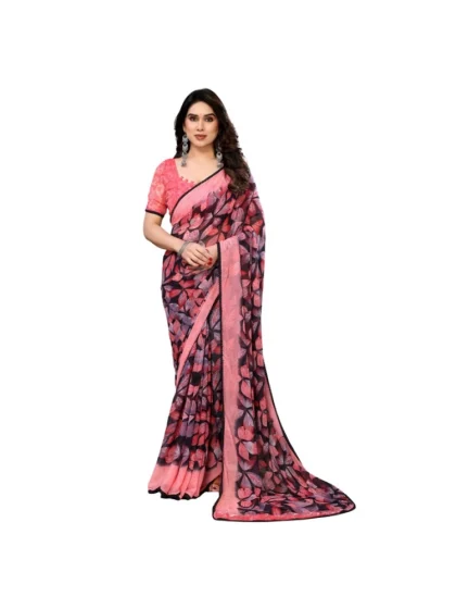 Women's Chiffon Printed Saree With Unstitched Blouse 5.5Mtr?(Pink)