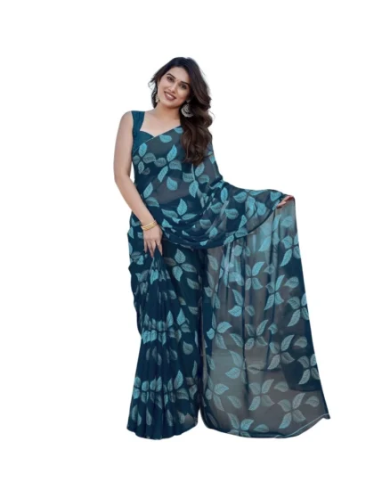 Women's Chiffon Printed Saree With Unstitched Blouse 5.5Mtr?(Blue)