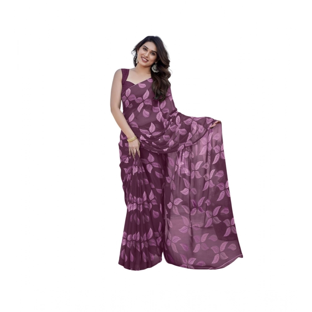 Women's Chiffon Printed Saree With Unstitched Blouse 5.5Mtr?(Purple)