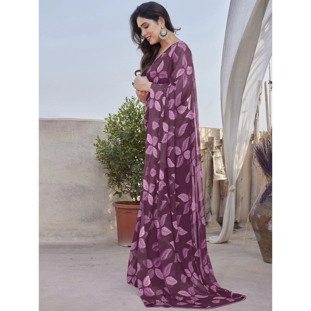 Women's Chiffon Printed Saree With Unstitched Blouse 5.5Mtr?(Purple) - Image 2