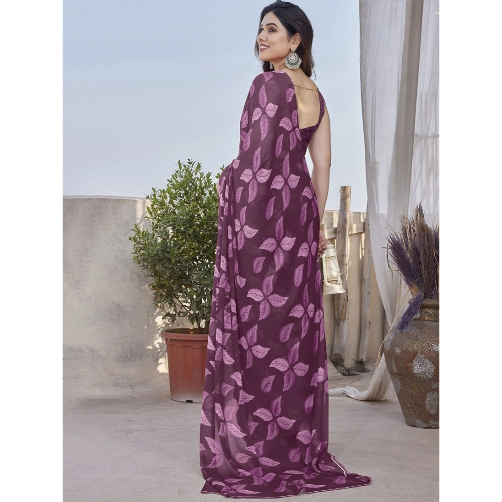 Women's Chiffon Printed Saree With Unstitched Blouse 5.5Mtr?(Purple) - Image 3
