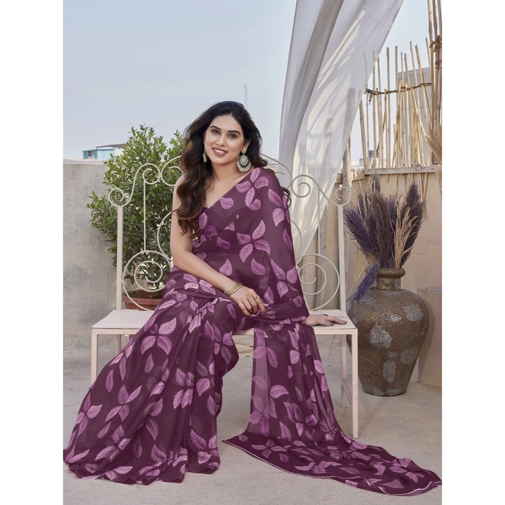 Women's Chiffon Printed Saree With Unstitched Blouse 5.5Mtr?(Purple) - Image 4