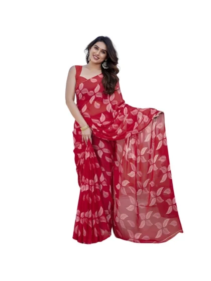 Women's Chiffon Printed Saree With Unstitched Blouse 5.5Mtr?(Red)