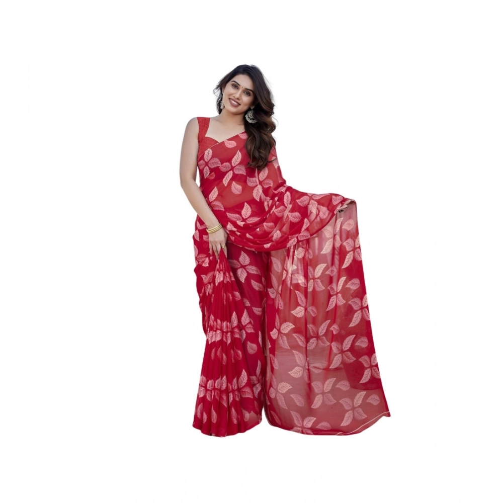 Women's Chiffon Printed Saree With Unstitched Blouse 5.5Mtr?(Red)