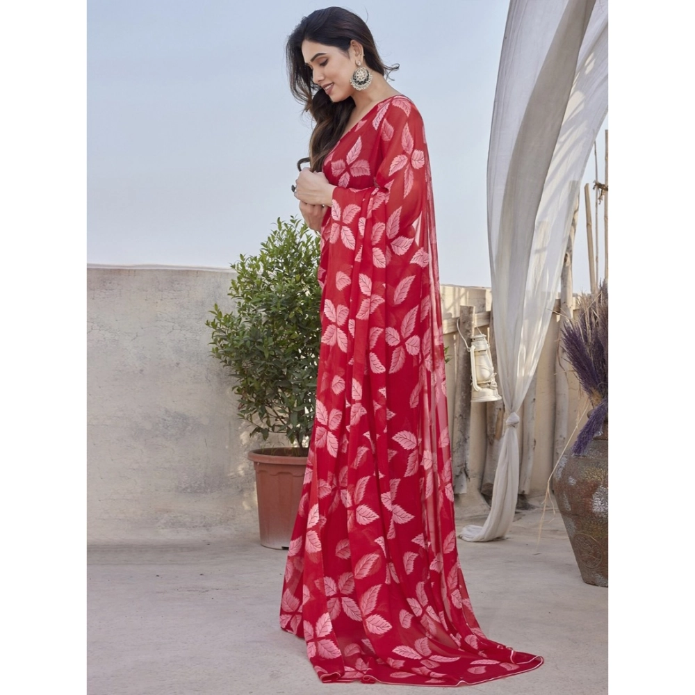 Women's Chiffon Printed Saree With Unstitched Blouse 5.5Mtr?(Red) - Image 2