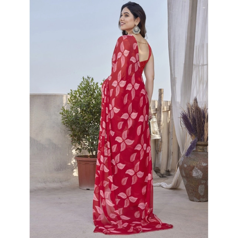 Women's Chiffon Printed Saree With Unstitched Blouse 5.5Mtr?(Red) - Image 3