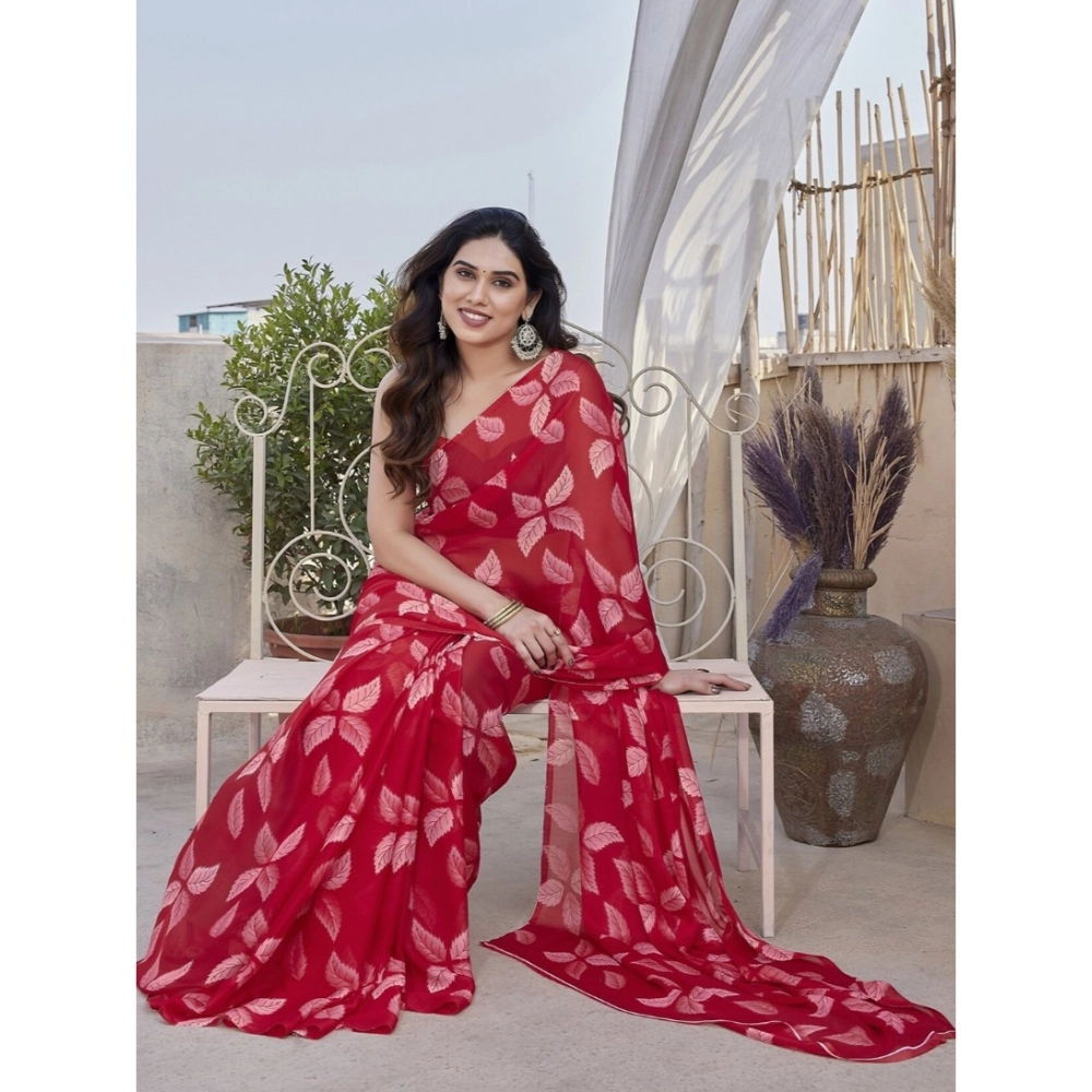 Women's Chiffon Printed Saree With Unstitched Blouse 5.5Mtr?(Red) - Image 4