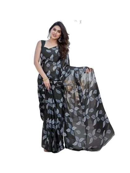 Women's Chiffon Printed Saree With Unstitched Blouse 5.5Mtr?(Black)