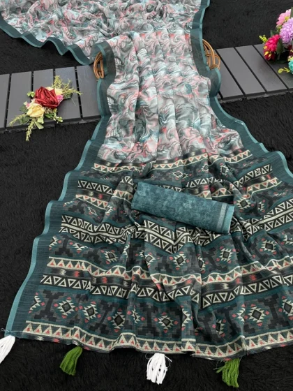 Women's Linen Cotton Printed Saree With Unstitched Blouse 5.5Mtr?(Blue)