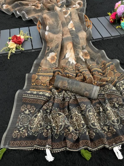 Women's Linen Cotton Printed Saree With Unstitched Blouse 5.5Mtr?(Beige)