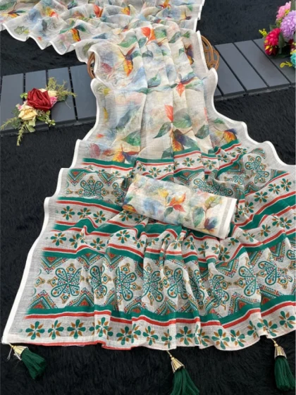 Women's Linen Cotton Printed Saree With Unstitched Blouse 5.5Mtr?(Green)