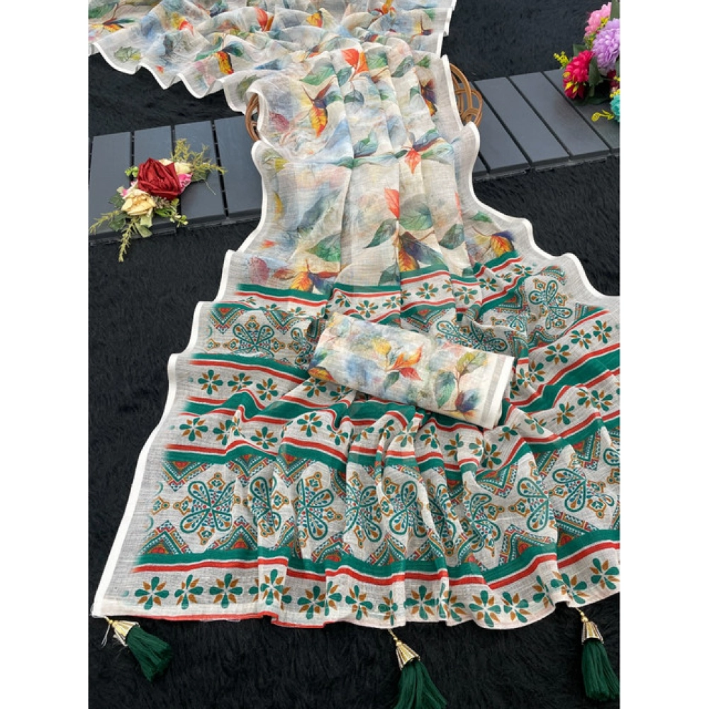 Women's Linen Cotton Printed Saree With Unstitched Blouse 5.5Mtr?(Green)