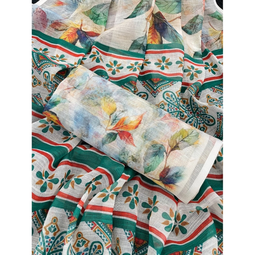 Women's Linen Cotton Printed Saree With Unstitched Blouse 5.5Mtr?(Green) - Image 2