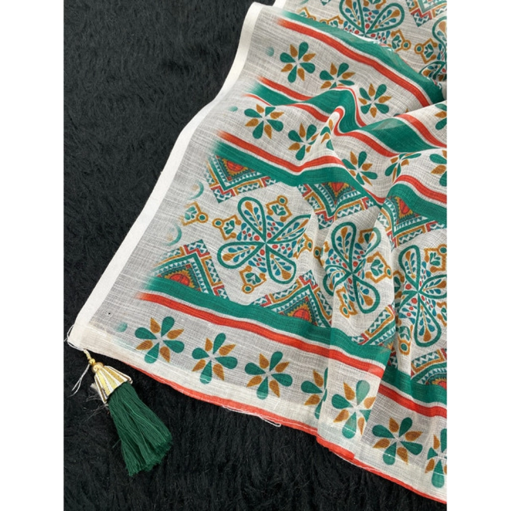 Women's Linen Cotton Printed Saree With Unstitched Blouse 5.5Mtr?(Green) - Image 3