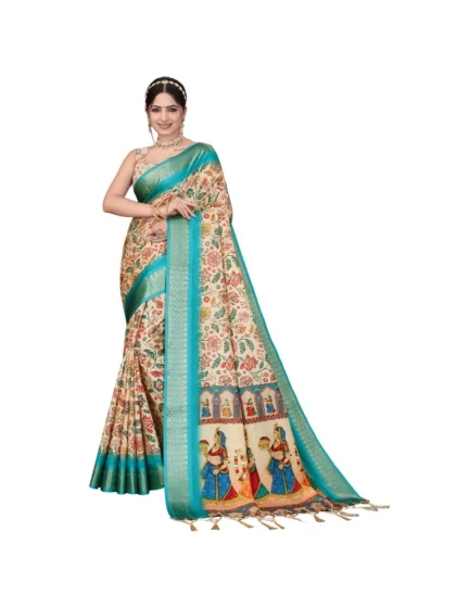 Women's Cotton Silk Printed Saree With Unstitched Blouse 5.5Mtr?(Sky Blue)