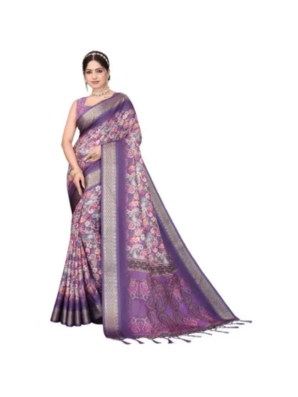 Women's Cotton Silk Printed Saree With Unstitched Blouse 5.5Mtr?(Purple)