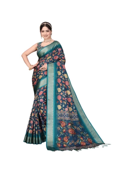 Women's Cotton Silk Printed Saree With Unstitched Blouse 5.5Mtr?(Blue)