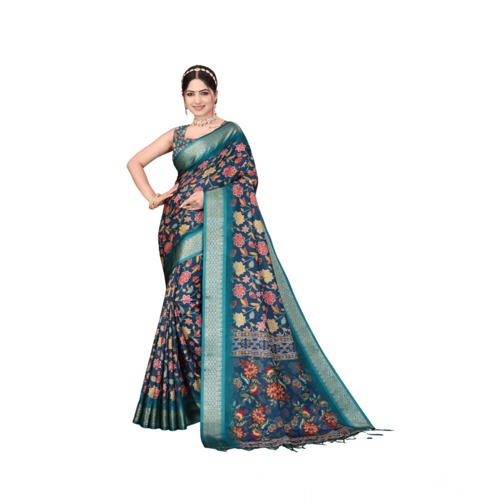 Women's Cotton Silk Printed Saree With Unstitched Blouse 5.5Mtr?(Blue)