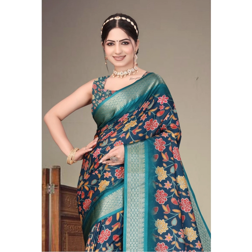 Women's Cotton Silk Printed Saree With Unstitched Blouse 5.5Mtr?(Blue) - Image 4