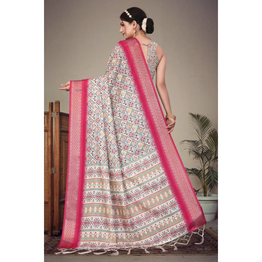 Women's Cotton Silk Printed Saree With Unstitched Blouse 5.5Mtr?(Pink) - Image 2