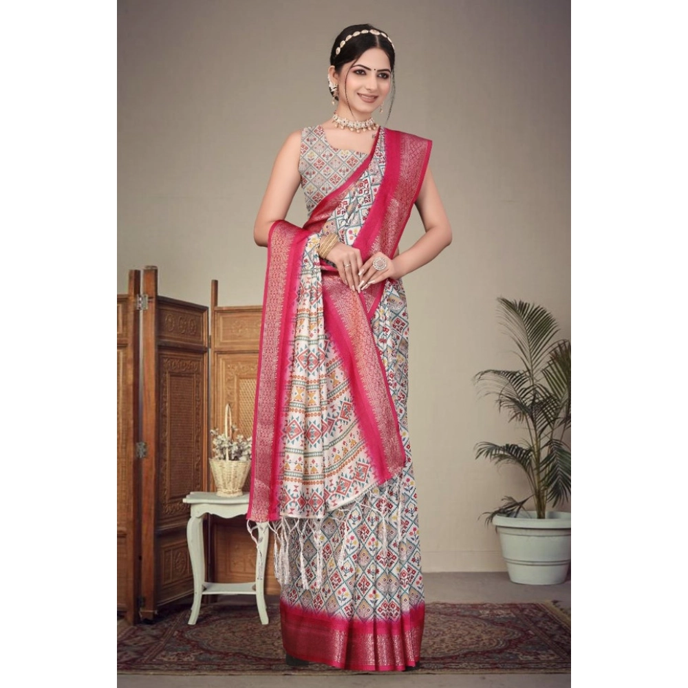 Women's Cotton Silk Printed Saree With Unstitched Blouse 5.5Mtr?(Pink) - Image 4