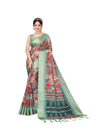 Women's Cotton Silk Printed Saree With Unstitched Blouse 5.5Mtr?(Light Green)