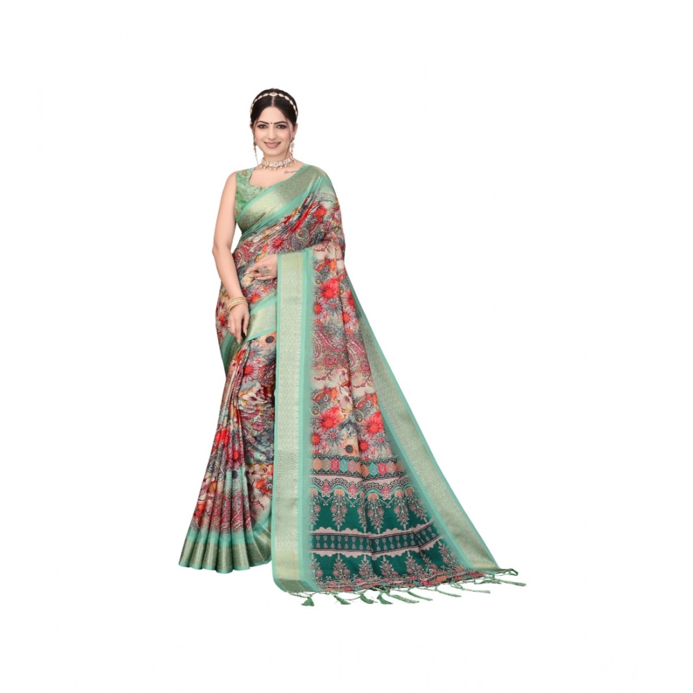 Women's Cotton Silk Printed Saree With Unstitched Blouse 5.5Mtr?(Light Green)