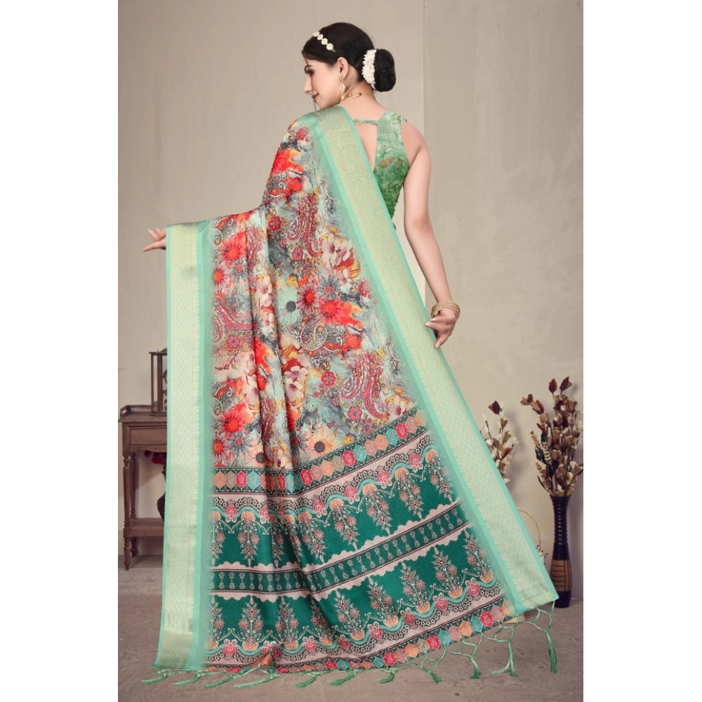 Women's Cotton Silk Printed Saree With Unstitched Blouse 5.5Mtr?(Light Green) - Image 2