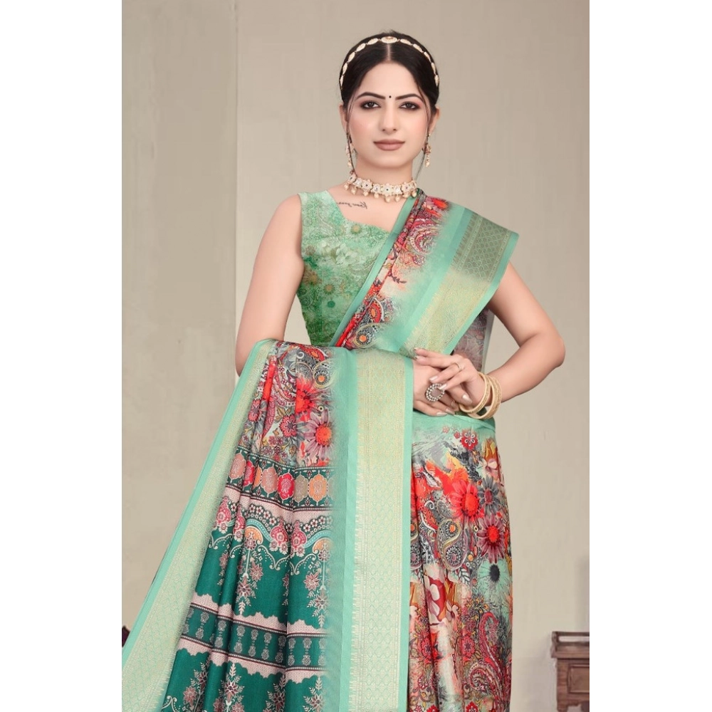 Women's Cotton Silk Printed Saree With Unstitched Blouse 5.5Mtr?(Light Green) - Image 3