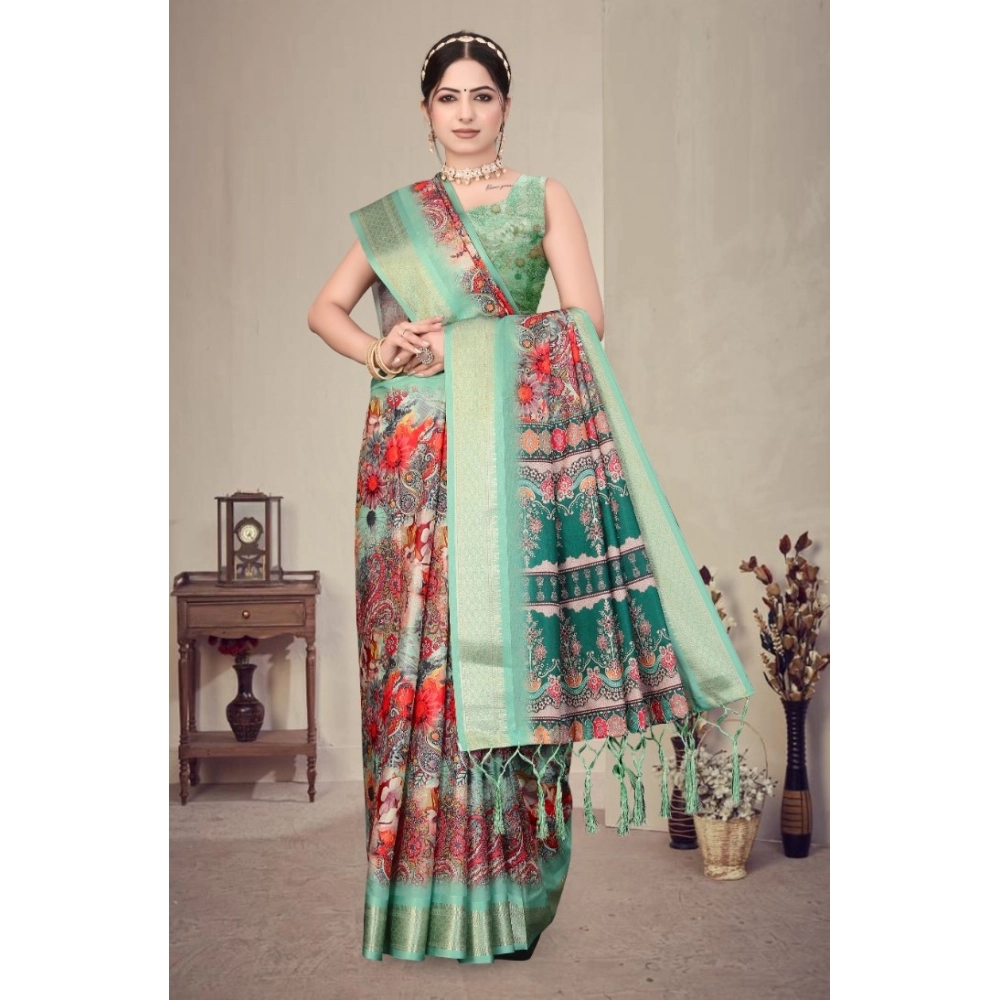 Women's Cotton Silk Printed Saree With Unstitched Blouse 5.5Mtr?(Light Green) - Image 4