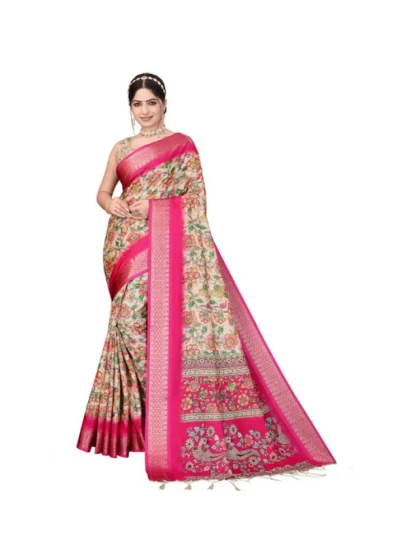 Women's Cotton Silk Printed Saree With Unstitched Blouse 5.5Mtr?(Pink)