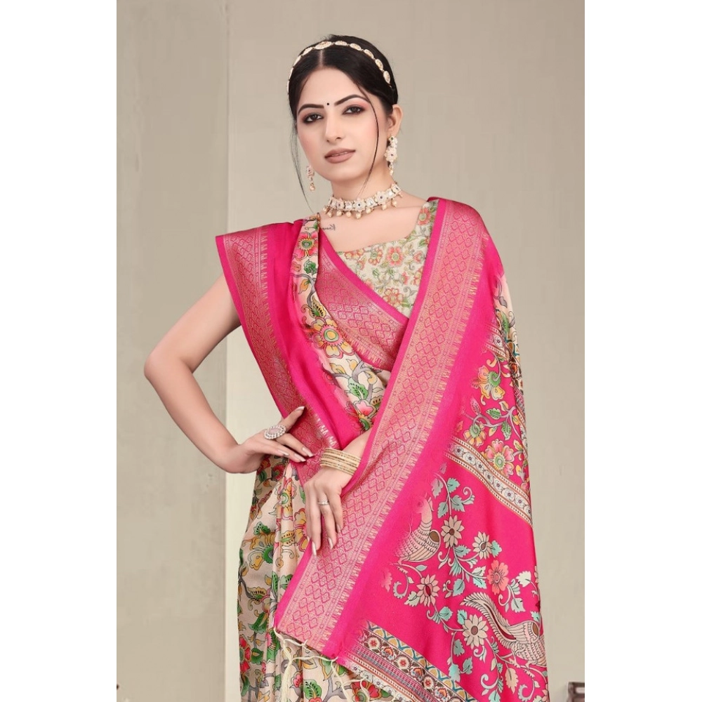 Women's Cotton Silk Printed Saree With Unstitched Blouse 5.5Mtr?(Pink) - Image 2