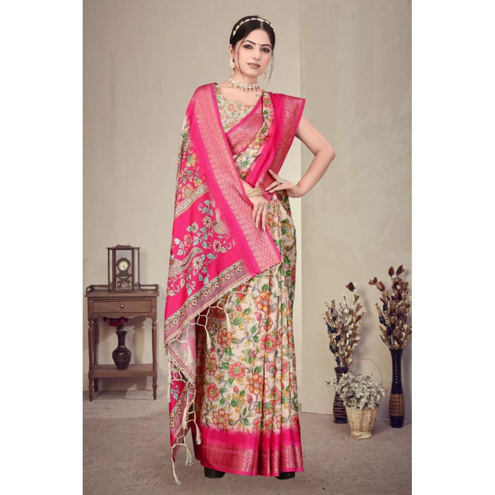 Women's Cotton Silk Printed Saree With Unstitched Blouse 5.5Mtr?(Pink) - Image 3