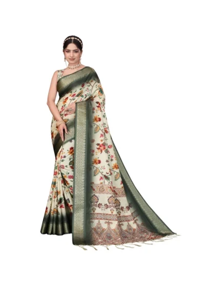 Women's Cotton Silk Printed Saree With Unstitched Blouse 5.5Mtr?(Green)